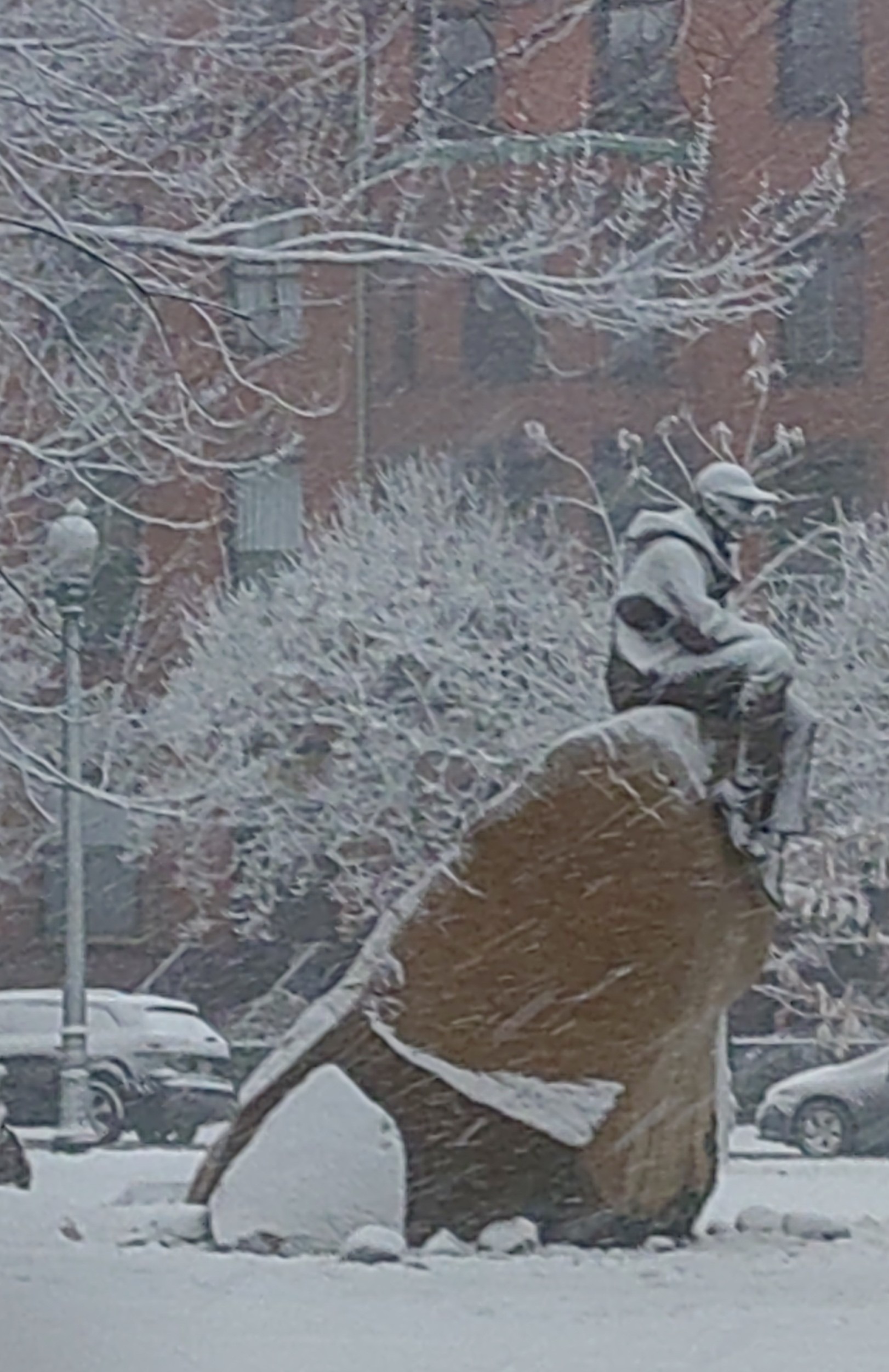 Back Bay Boston, December 2025 — bronze statue in the snow