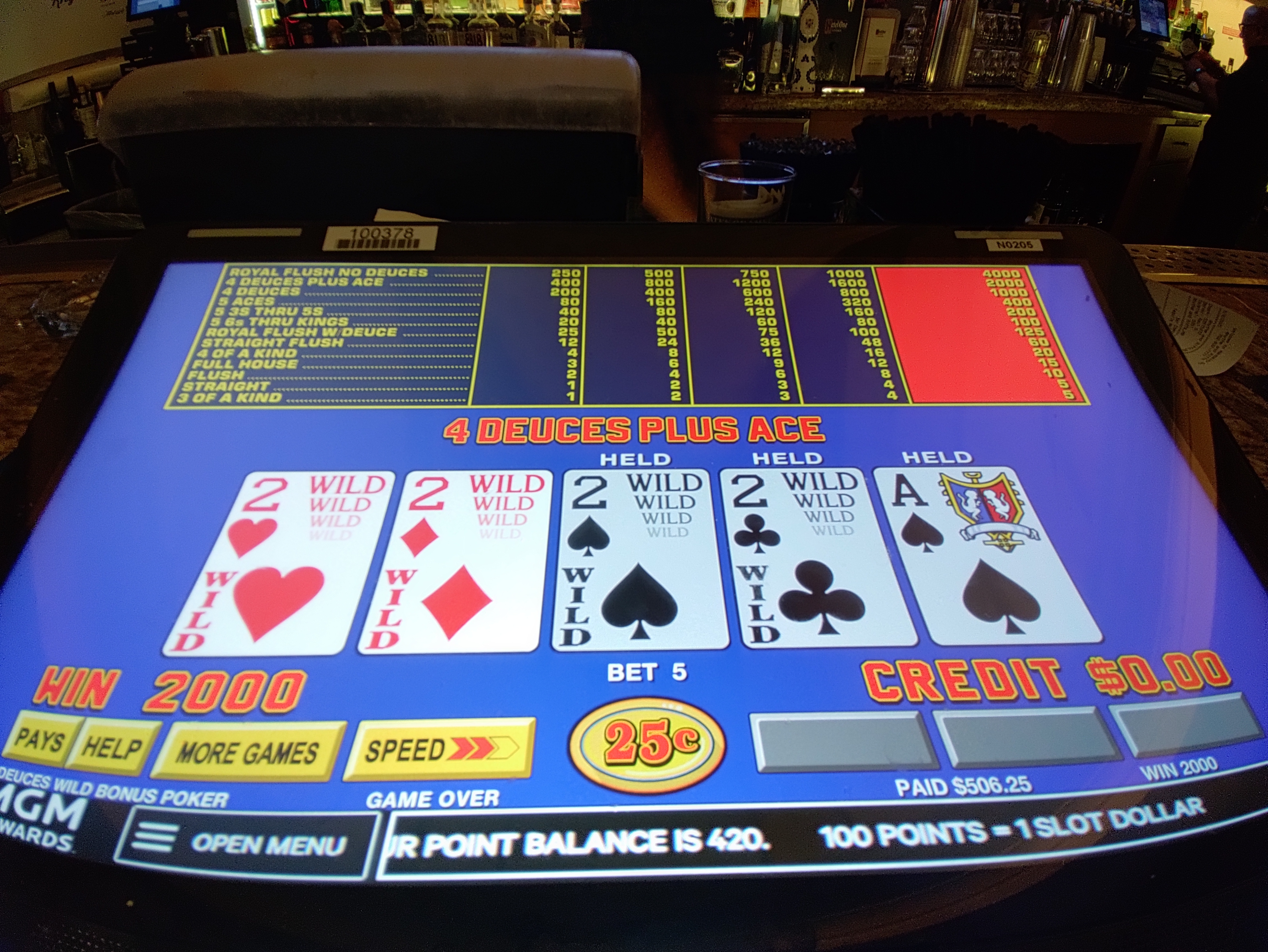 4 Deuces Plus Ace — 2000 credits, paid $506.25
